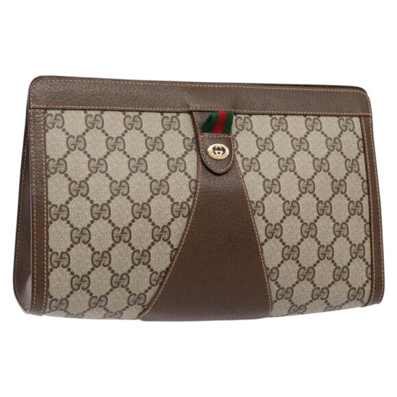 GUCCI GG Supreme Web Sherry Line Clutch Bag PVC Beige 156 01 033 Auth 136529 - Picture 1 of 16